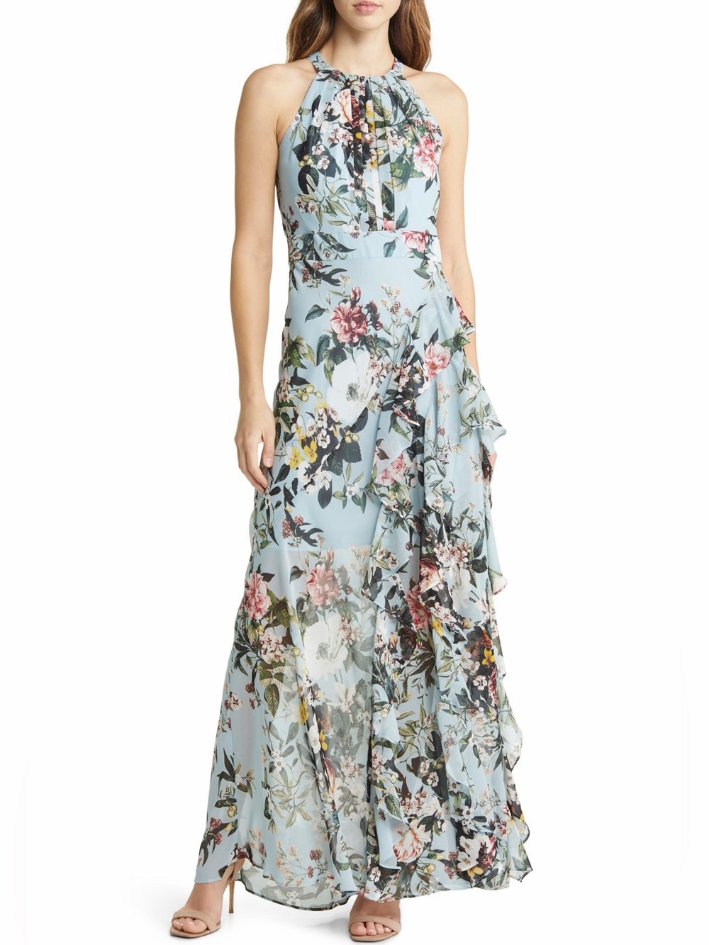 Eliza J Floral Print Halter Neck Asymmetric Hem Dress Size 8